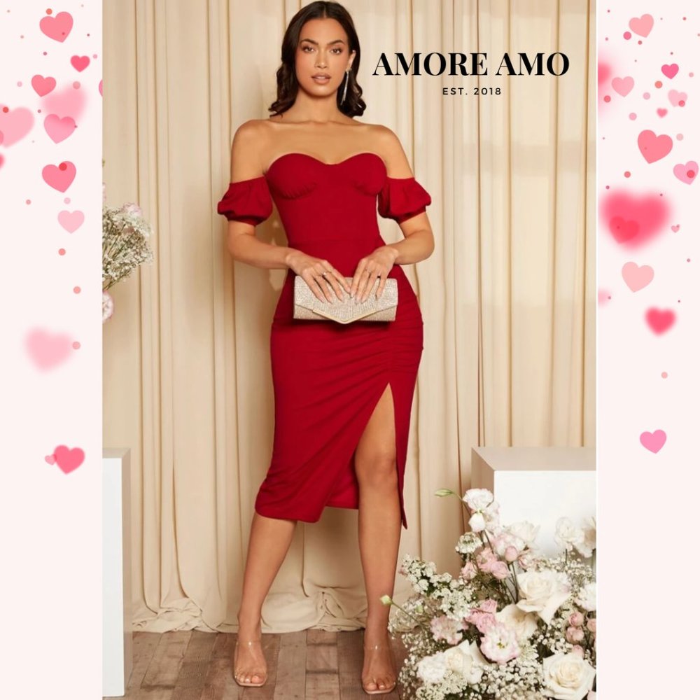 ❤️ Delya ❤️  Dress - Off Shoulder Deep Classic Wine Sweetheart Leg Slit Hourglas